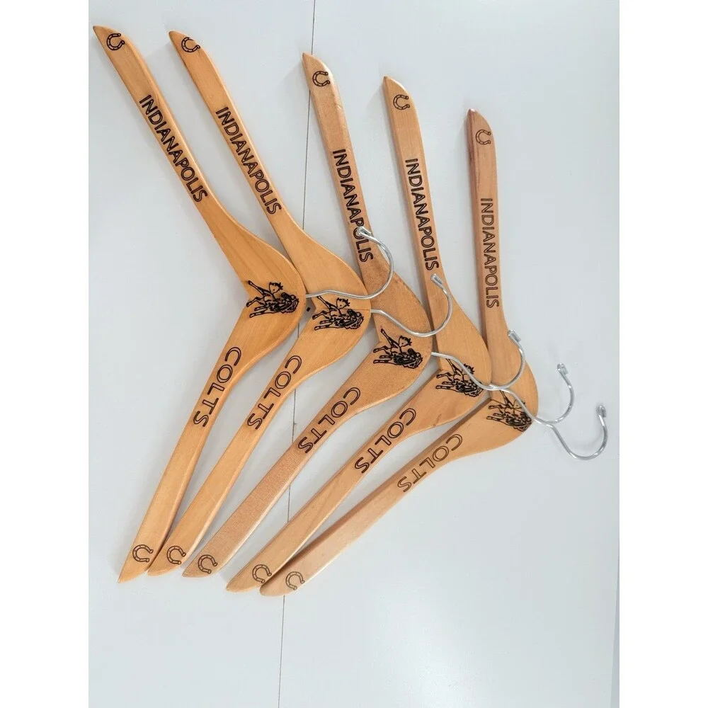 5 Custom natural wood Indianapolis Colts-branded suit hangers.